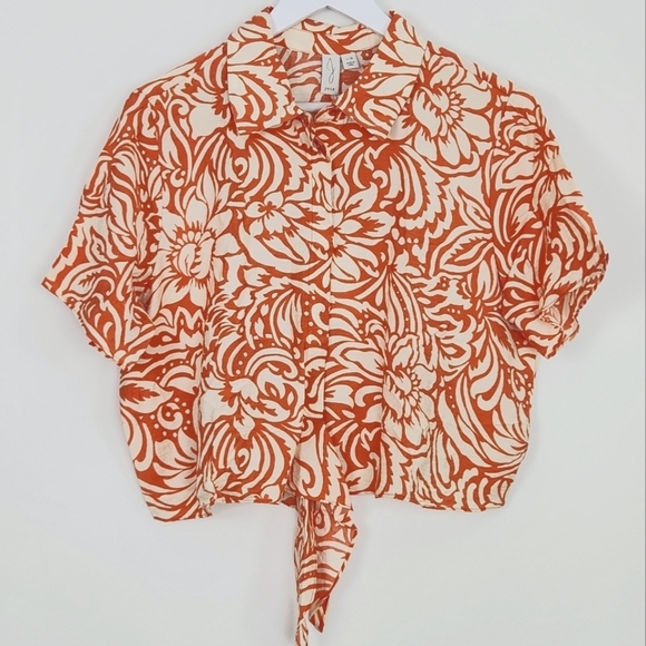 NWT Joie Orange White Floral Short Tie Waist Blouse Size L - Picture 1 of 9